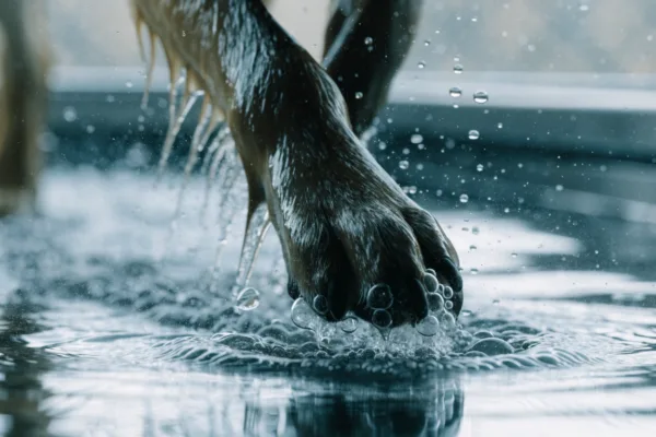 A Labrador's paw churns through water on an underwater treadmill during canine hydrotherapy rehabilitation.