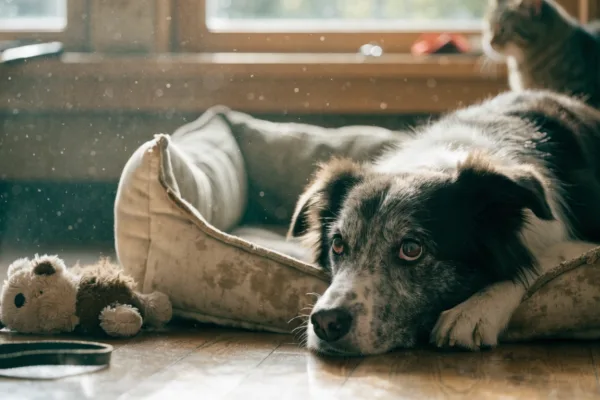 A grieving senior dog rests beside his late companion's empty bed while a cat watches quietly nearby.