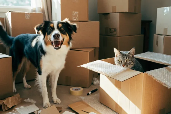 An excited dog and a wary hidden cat react very differently to moving day boxes.