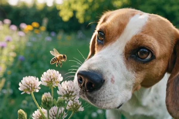A curious beagle meets a honeybee in a backyard garden, a common cause of pet stings.