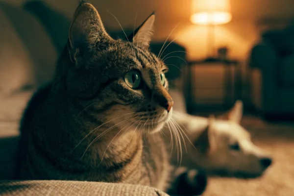 An alert cat swivels its ears toward high-frequency sounds, with a dog softly blurred behind in evening lamplight.