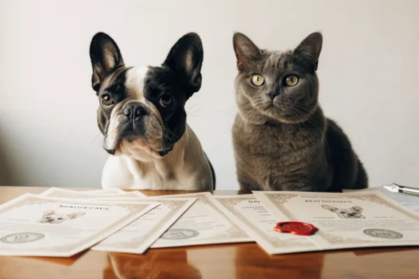 A French Bulldog and Chartreux cat beside official L.O.F. and L.O.O.F. pedigree certificates.