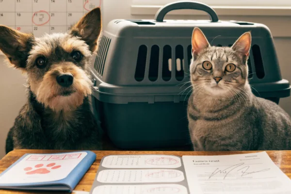 A dog and cat beside a travel carrier with pet passports, vaccination records, and a six-month planning calendar.