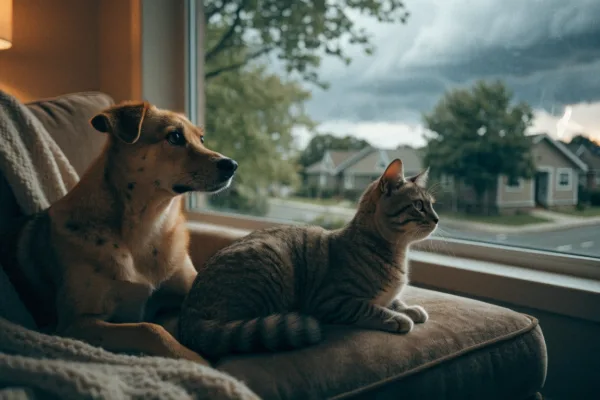 A watchful dog and cat sense an approaching thunderstorm through a living room window before it arrives.