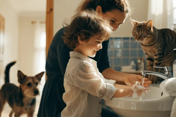 Child washing hands with a parent's help while the family cat and dog watch — simple hygiene that prevents pet-to-people infections.