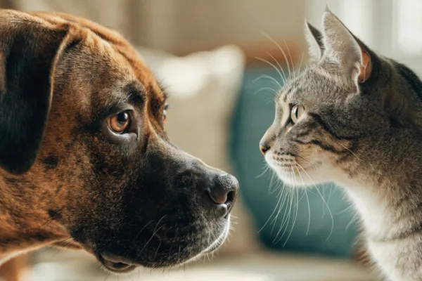 A Boxer dog and tabby cat shown side by side, highlighting head tremors in pets and when they warrant veterinary attention.