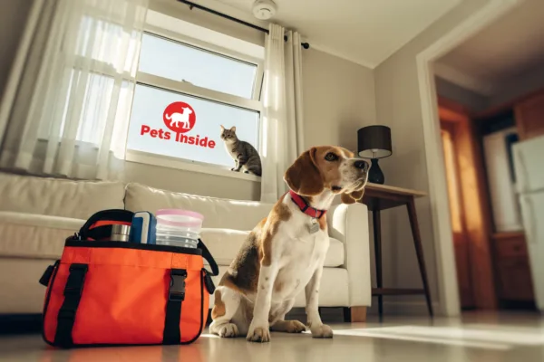 A beagle sits beside a pet emergency go-bag with a smoke alarm overhead, illustrating home fire safety for pets.