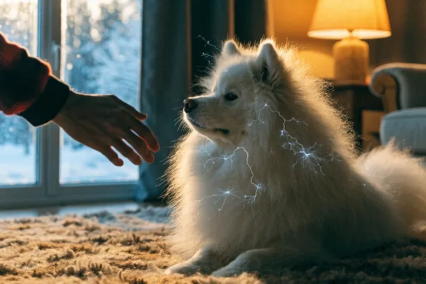 Static electricity sparks visibly crackle through a fluffy Samoyed's thick double coat in a dry winter home.