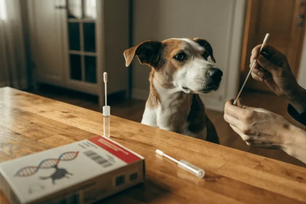 A pet owner collects a cheek swab sample from a mixed-breed dog for a canine DNA test kit.