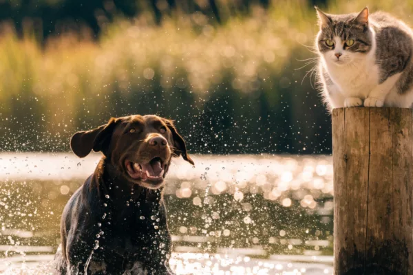 A delighted Labrador splashes in a lake while a wary cat watches from a dry perch, showing pets' opposite water instincts.