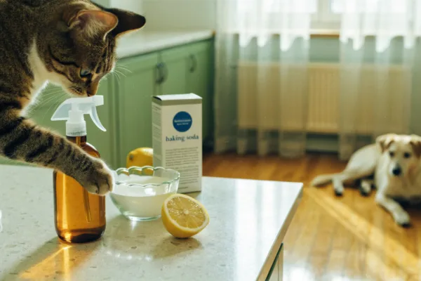 A curious tabby cat inspects natural, pet-safe cleaning supplies in a sunlit kitchen.