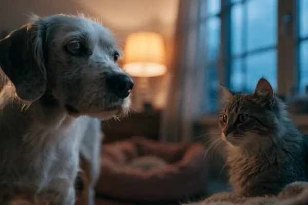 A senior dog and cat rest together in a lamplit living room as evening falls, illustrating signs of cognitive dysfunction in aging pets.