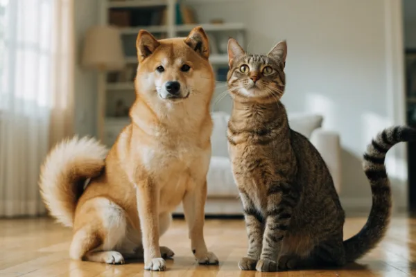A Shiba Inu wagging its curled tail beside a tabby cat with tail raised, illustrating contrasting dog and cat tail signals.