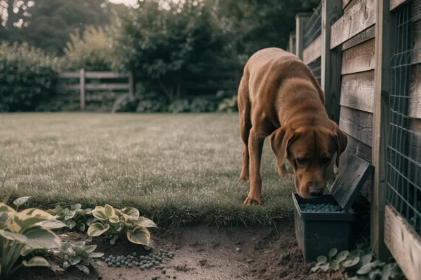 A curious dog sniffs a rat bait station along a backyard fence, illustrating the hidden risk of secondary poisoning.