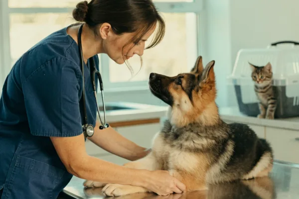 A veterinarian examines a German Shepherd puppy's joints while discussing the best age to spay or neuter.