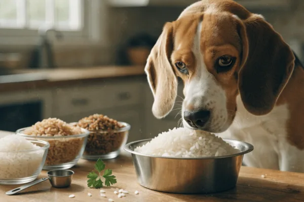 A beagle sits beside bowls of white, brown, and wild rice, illustrating when starches fit a dog's diet.