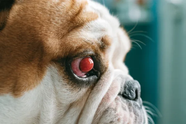 Close-up of an English Bulldog's eye showing the red, protruding swollen gland typical of cherry eye.