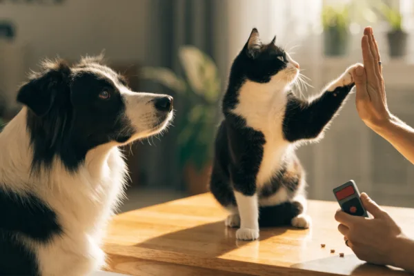 A tuxedo cat gives a high five while a border collie waits its turn during a clicker training session.