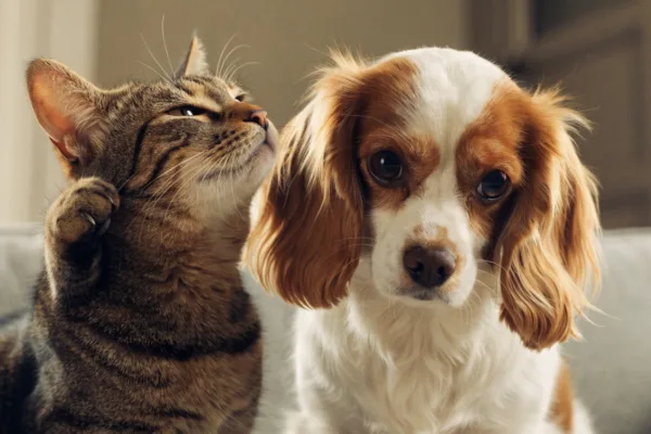 A cat and dog resting close together, illustrating how ear mites spread between household pets.