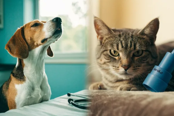A coughing Beagle at the vet and an asthmatic tabby cat with an inhaler illustrate kennel cough versus feline asthma.