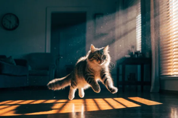 A grey tabby cat races through a living room bathed in golden 5 AM dawn light, showing classic crepuscular energy.