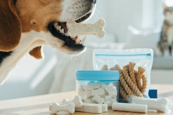 A dog chews a dental treat while a cat looks on, illustrating species-specific dental care approaches.