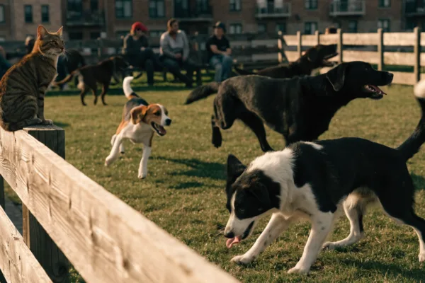 Dogs romp together at a busy dog park while a tabby cat observes warily from the fence above.