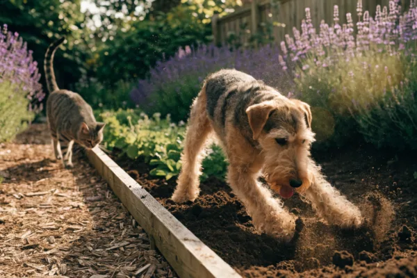 A wire-haired fox terrier digs in a garden bed while a tabby cat follows scent trails along a mulched path.
