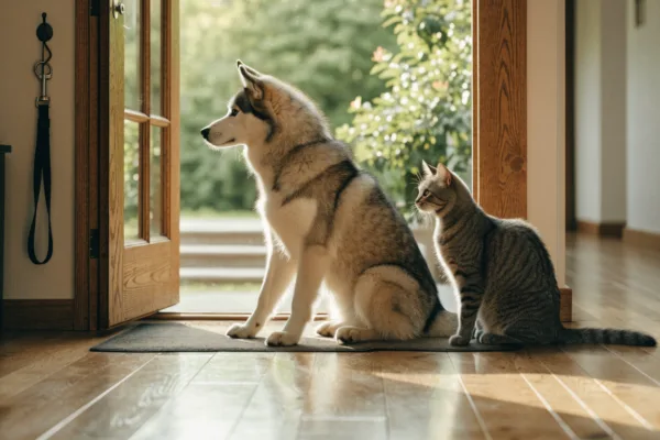 A Husky and tabby cat practice boundary training, sitting calmly behind an open front door to prevent door-dashing.