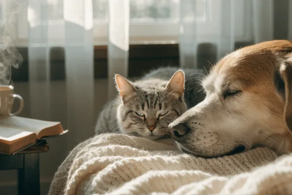 A grey-muzzled senior dog and cat relax together at home, embodying the calm companionship of older pets.