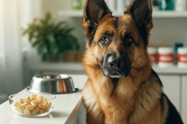 A calm German Shepherd beside probiotic supplements at a veterinary clinic, illustrating the link between gut health and mood.