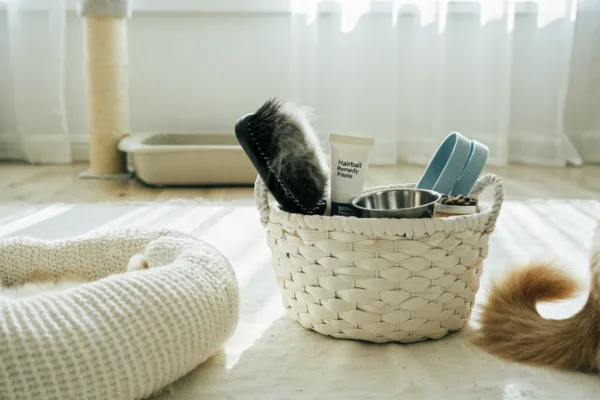 Grooming brush, hairball remedy, and pet supplies rest in a bright living room corner for everyday pet health care.