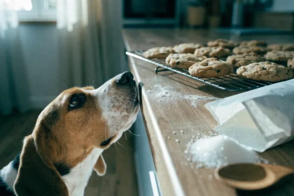 A beagle eyes sugar-free cookies sweetened with xylitol, a common ingredient that is deadly to dogs.