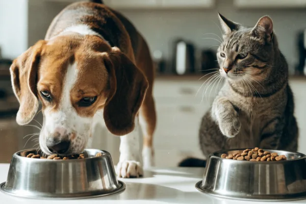 A beagle eagerly eats from his bowl while a finicky tabby cat refuses her untouched food nearby.