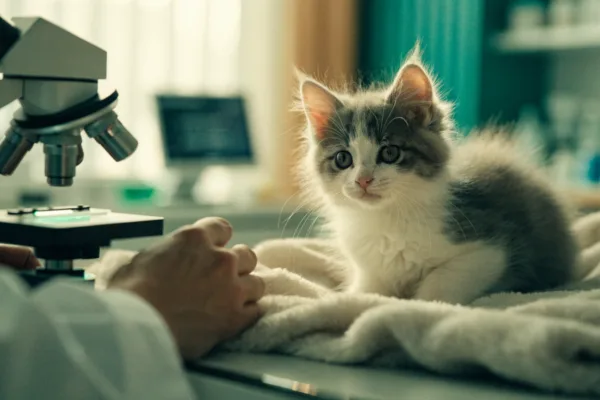 A curious kitten on the exam table as a veterinarian checks a microscope slide for internal parasites.