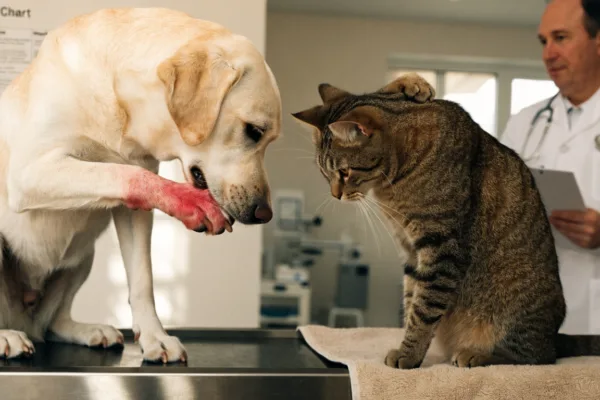 A dog chewing its paw and a cat scratching its neck display classic signs of food and environmental allergies in pets.
