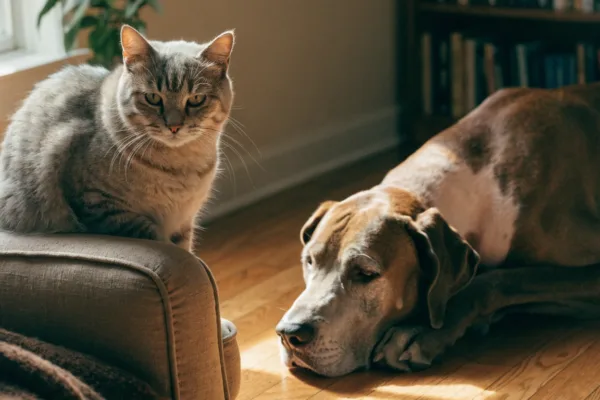 A senior tabby cat and an aging Great Dane relax together indoors, illustrating the lifespan gap between cats and dogs.