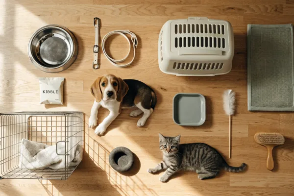 A beagle puppy and tabby kitten sit among essential first-year supplies like bowls, a crate, carrier, and toys.