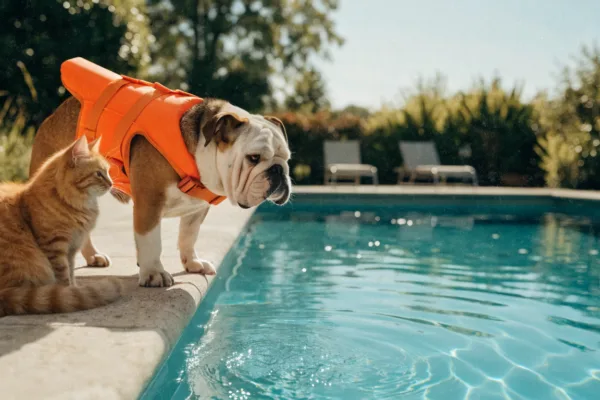 An English Bulldog in a life vest and a tabby cat eye a swimming pool, illustrating pet water safety.