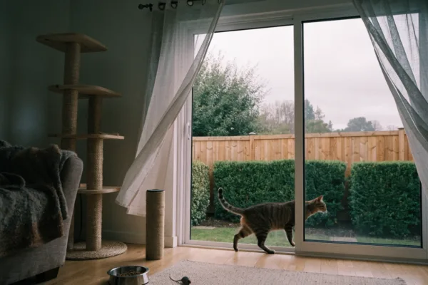 An indoor tabby cat slips toward an open door, the moment a microchip becomes a lifesaver.