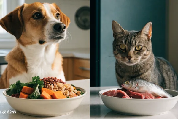 Dog beside vegetables and cat beside meat, illustrating why vegan diets may suit dogs but not cats.