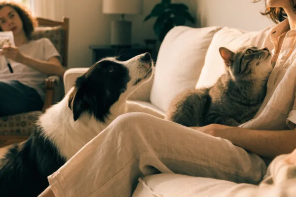 A dog and cat cuddle with their chosen favorite person while another family member sits left out nearby.