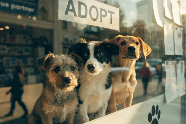 Rescue puppies gaze from a pet store window converted to an adoption center under new retail pet sale bans.