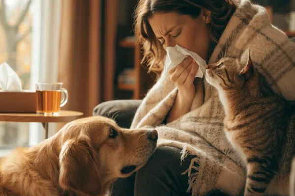 A sick pet owner surrounded by her cat and dog, showing how closely human illnesses can pass to pets.