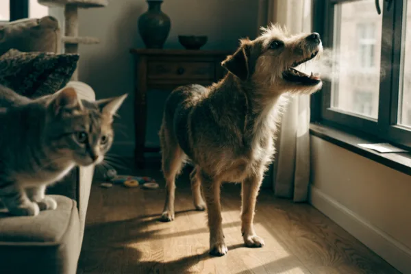 A dog barking at passersby through a window while a startled cat crouches tensely nearby, illustrating cross-species household stress.