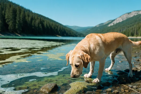 A Labrador stands at the edge of a mountain lake covered in toxic blue-green algae, a hidden danger to pets.