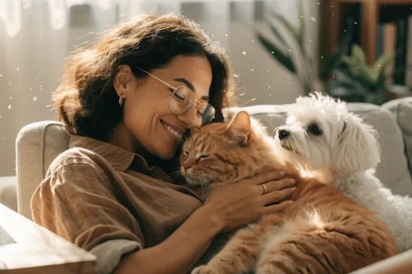 A happy pet owner cuddles her cat and dog at home, showing allergies don't have to mean giving up beloved pets.