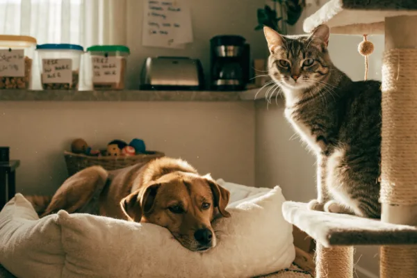 A relaxed dog and cat in a calm, well-prepared home ready for their pet sitter's arrival.