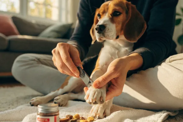 Owner calmly trims a relaxed beagle's nails at home using a cooperative, stress-free approach.
