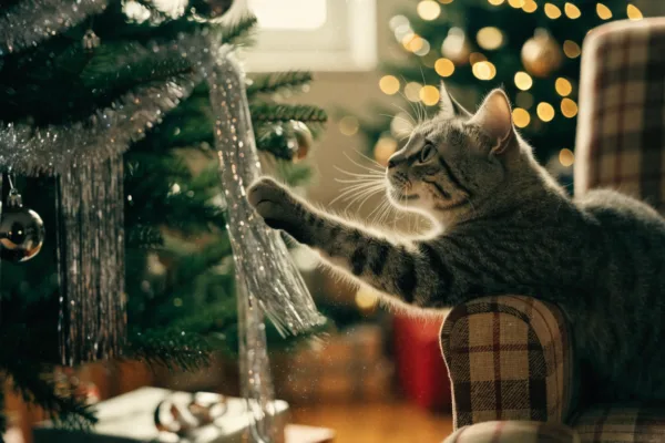 A curious tabby cat reaches for tinsel on a Christmas tree, one of December's most common feline emergency hazards.